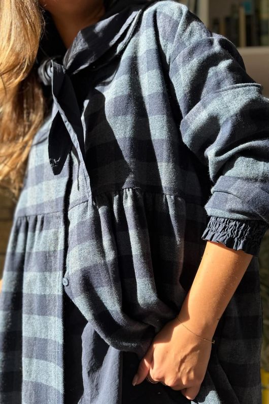 Nora Brushed Cotton Gingham Frock Coat Navy